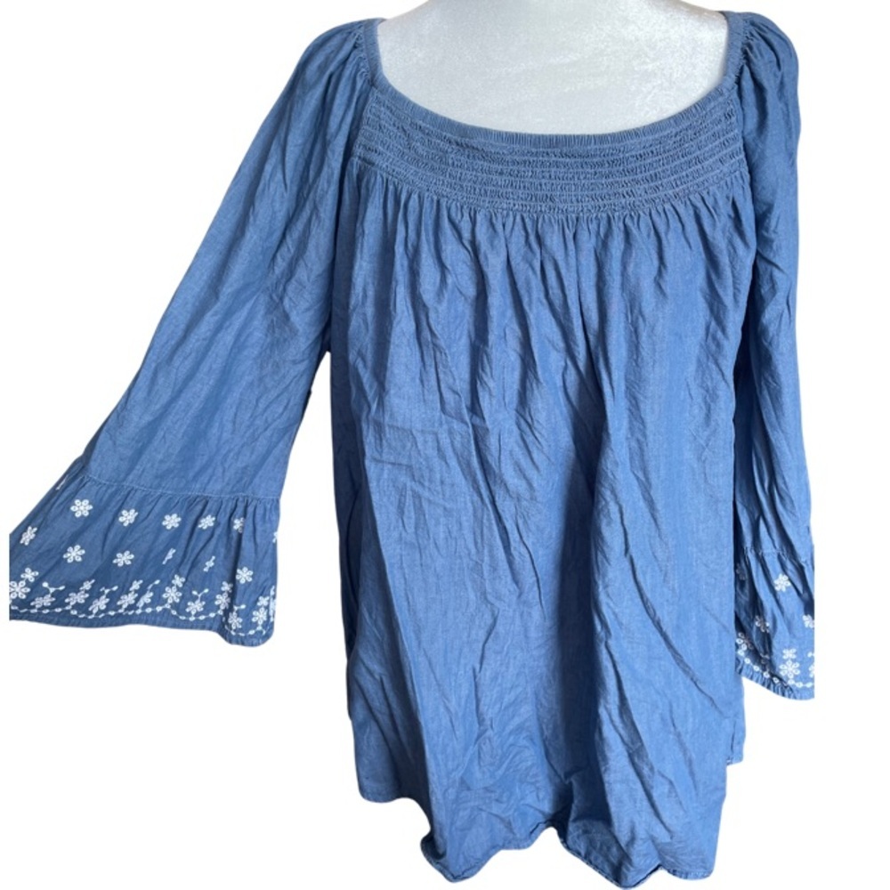 Terra & Sky faux denim with white floral embroidered detail 1X